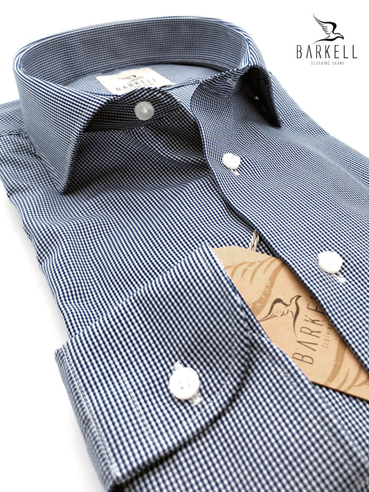 Camicia in Cotone Doppio Ritorto Micro Quadro Blu Fondo Bianco Collo Francese