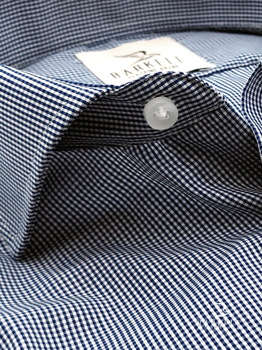 No-Iron Cotton Shirt with Light Blue Check on White Background with French Collar