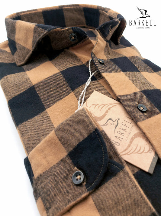 Camicia in Cotone Flanellato Pesante Quadro Blu e Grigio Fondo Cammello Collo Francese Cutaway