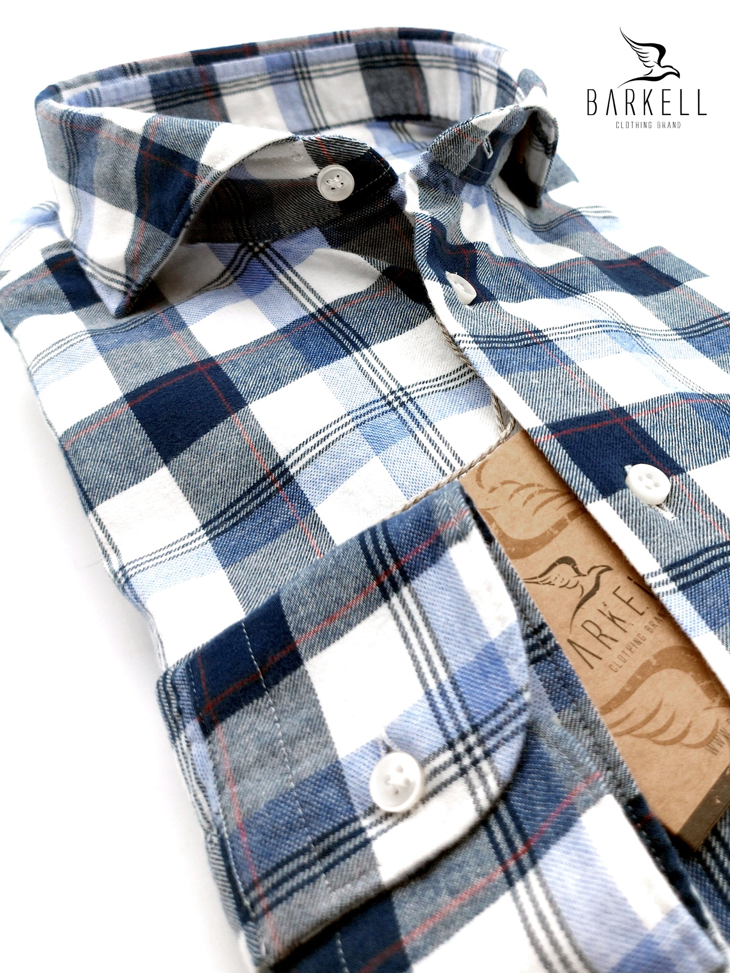 Camicia in Cotone Flanellato Quadro Blu e Avio Fondo Bianco Collo Francese Cutaway