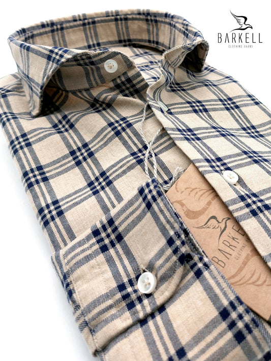 Camicia in Cotone Flanellato Quadro Blu Fondo Sabbia Collo Francese Cutaway