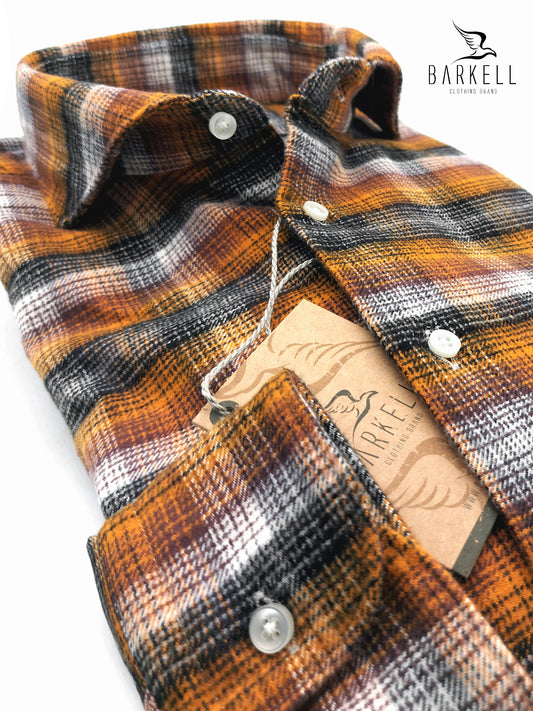 Camicia in Cotone Flanellato Pesante Quadro Multicolore Fondo Arancio Collo Francese Cutaway