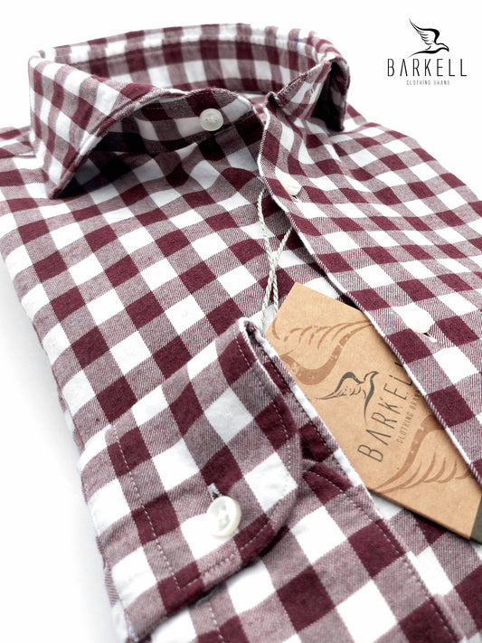 Camicia in Cotone Flanellato Quadro Bordò Fondo Bianco Collo Francese Cutaway