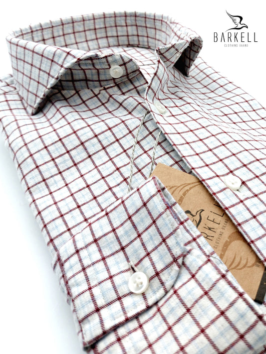 Camicia in Cotone Flanellato Quadro Bordò e Celeste Fondo Grigio Chiaro Collo Francese Cutaway