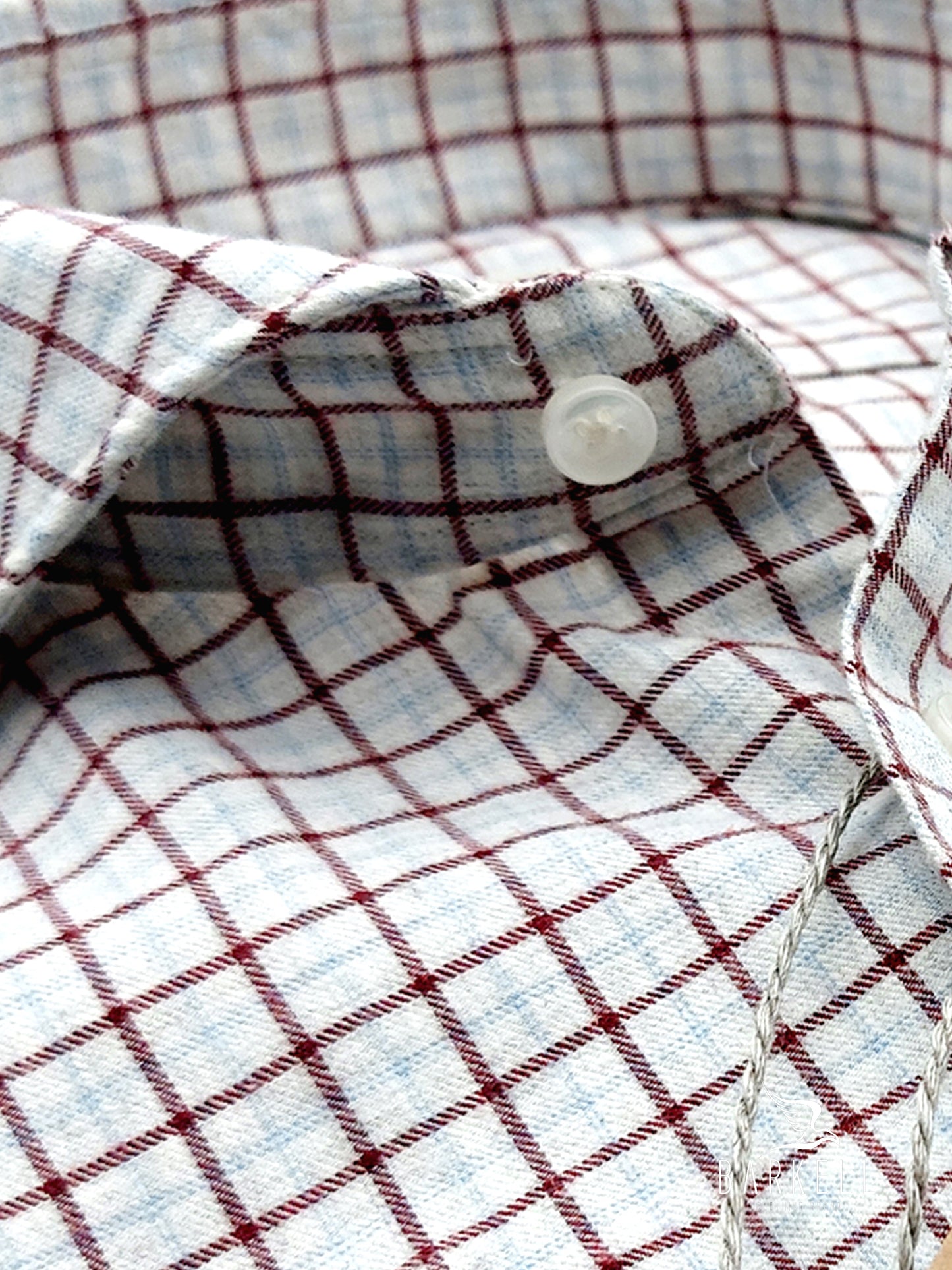 Camicia in Cotone Flanellato Quadro Bordò e Celeste Fondo Grigio Chiaro Collo Francese Cutaway