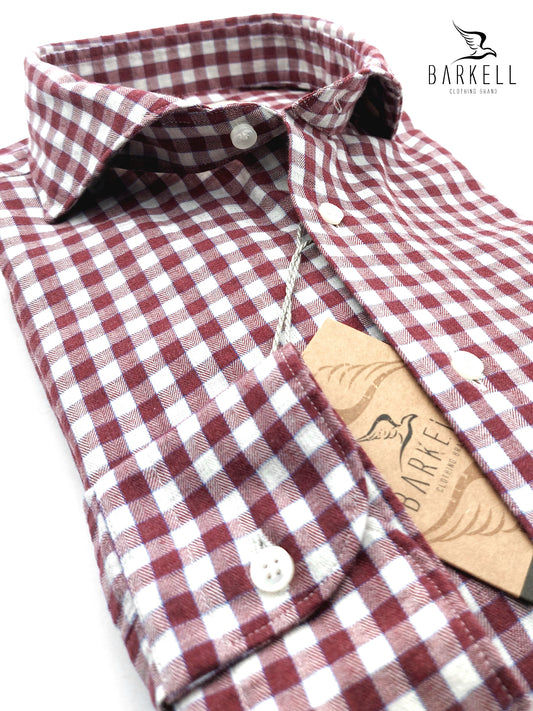 Camicia in Cotone Flanellato Quadro Bordò Fondo Bianco Collo Francese Cutaway
