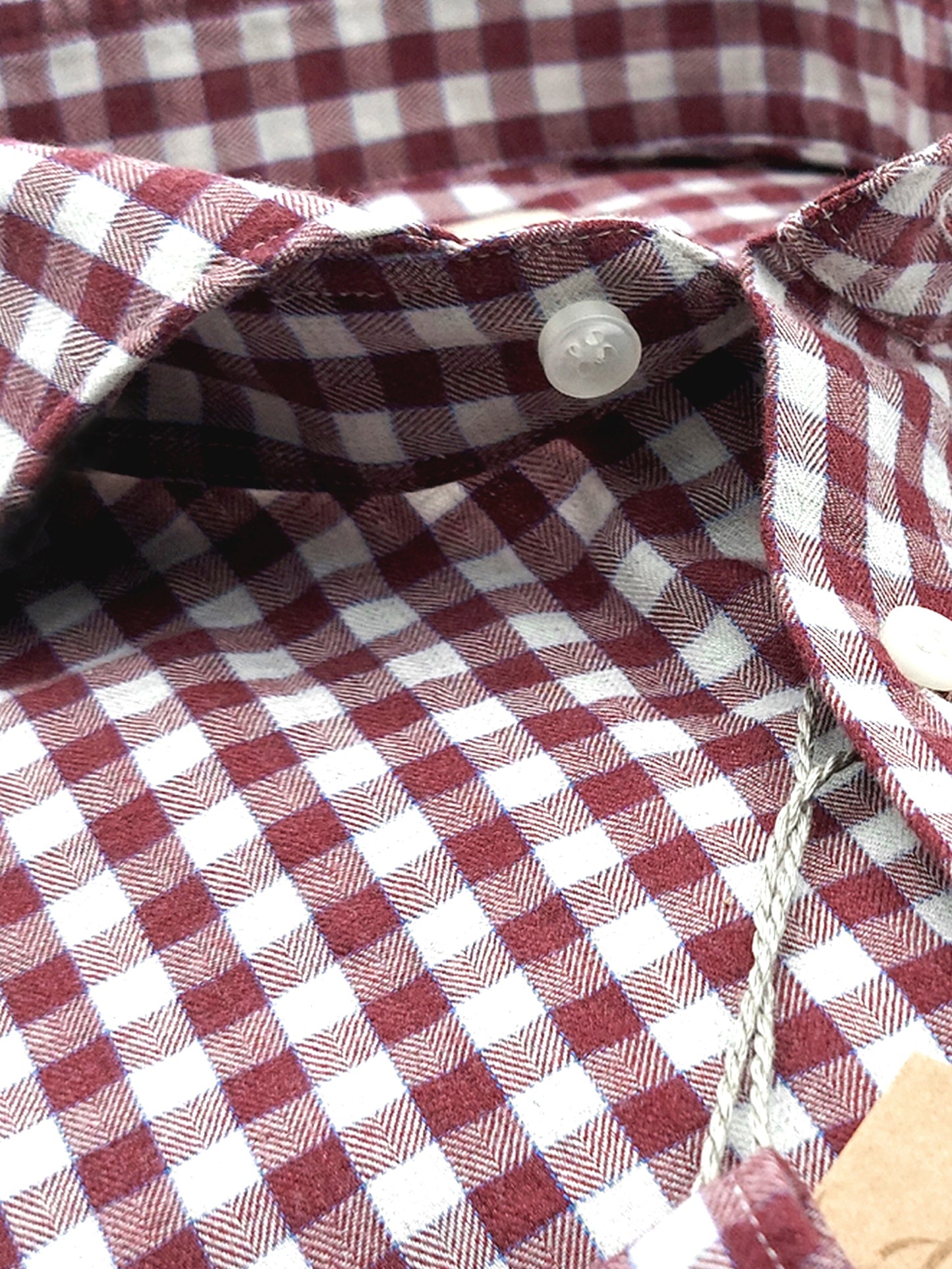 Camicia in Cotone Flanellato Quadro Bordò Fondo Bianco Collo Francese Cutaway