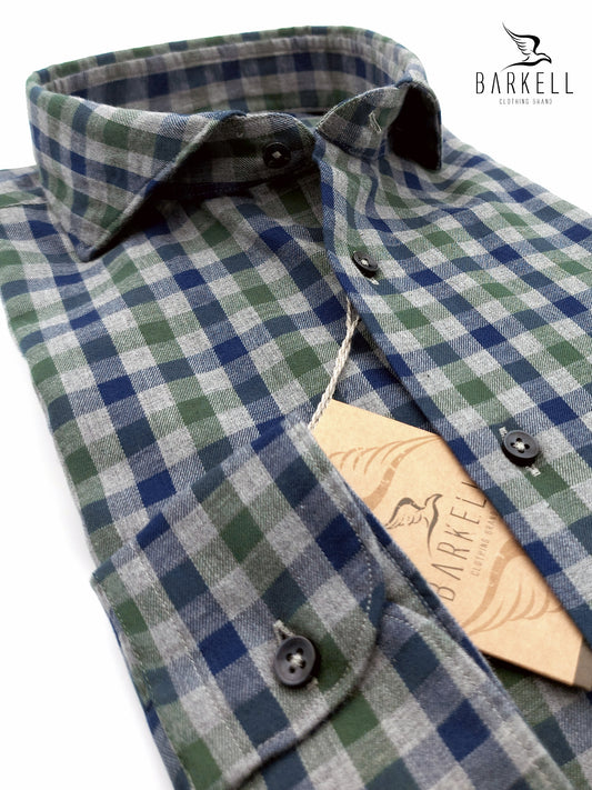 Camicia in Cotone Flanellato Quadro Blu e Verde Fondo Grigio Collo Francese Cutaway