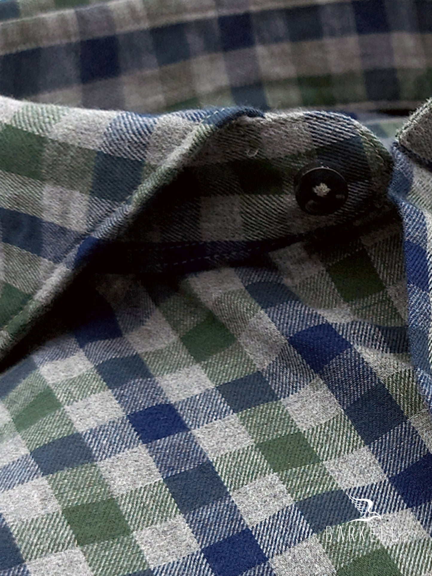 Camicia in Cotone Flanellato Quadro Blu e Verde Fondo Grigio Collo Francese Cutaway