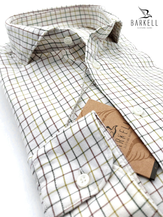 Camicia in Cotone Flanellato Quadro Multicolore Fondo Avorio Collo Francese Cutaway