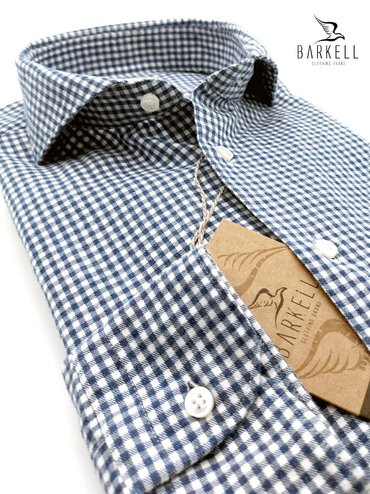 Camicia in Cotone Flanellato Quadretto Blu Denim Fondo Bianco Collo Francese Cutaway