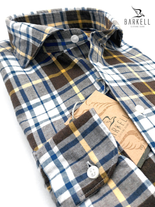 Camicia in Cotone Flanellato Quadro Marrone e Grigio Fondo Bianco Collo Francese Cutaway