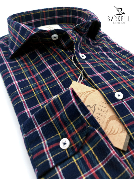 Camicia in Cotone Flanellato Quadro Rosso e Verde Fondo Blu Collo Francese Cutaway