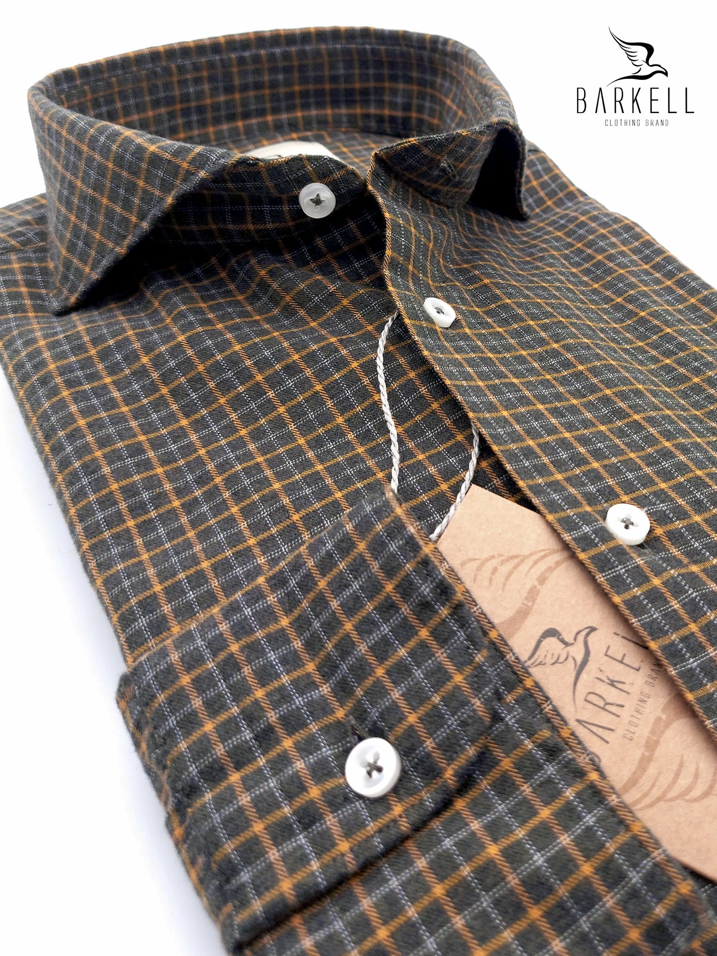 Camicia in Cotone Flanellato Quadretto Ocra Fondo Verde Collo Francese Cutaway