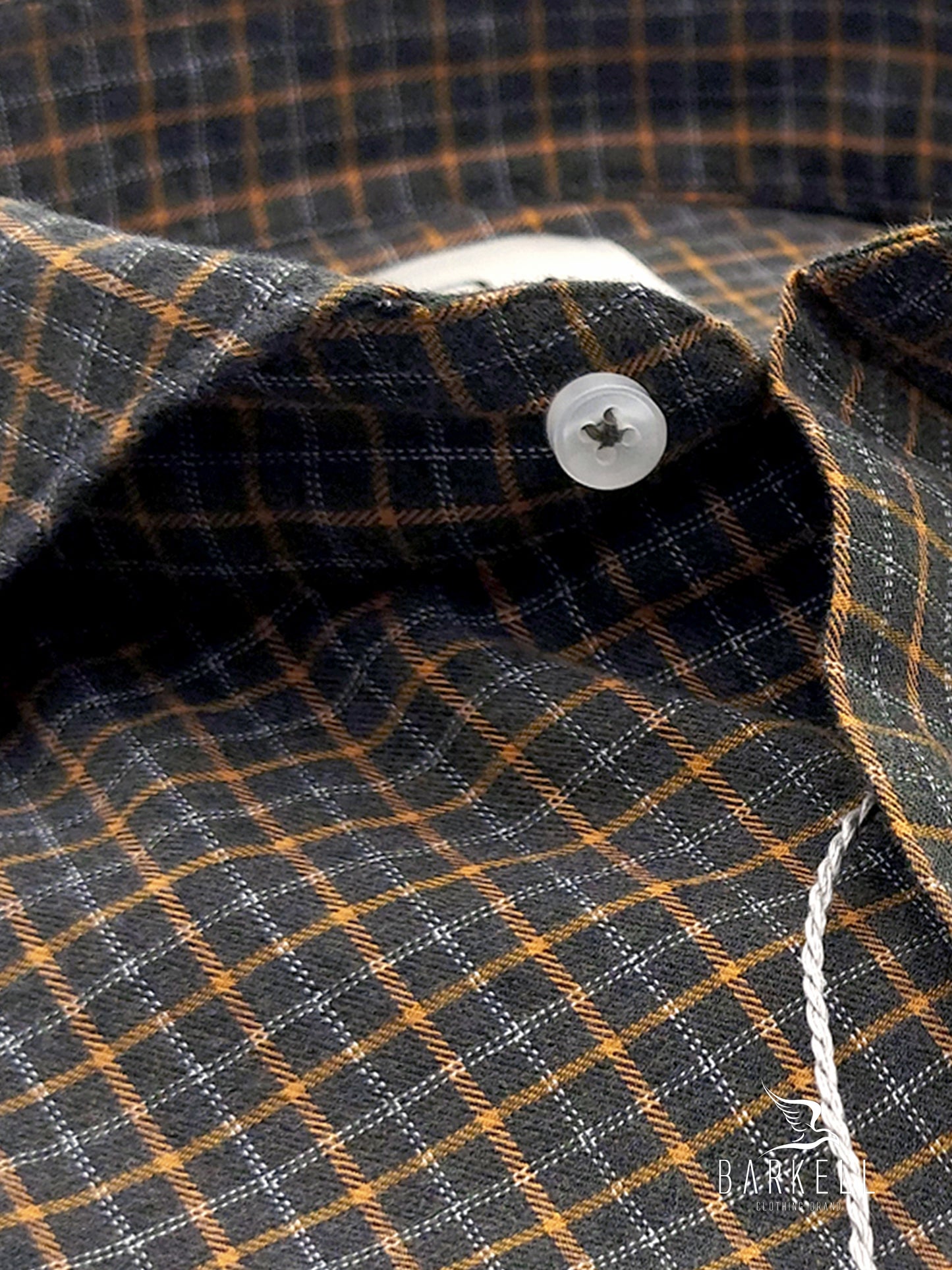 Camicia in Cotone Flanellato Quadretto Ocra Fondo Verde Collo Francese Cutaway