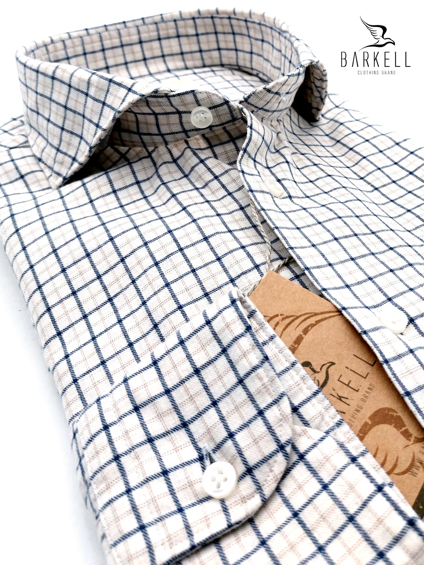 Camicia in Cotone Flanellato Quadro Blu e Nocciola Fondo Grigio Chiaro Collo Francese Cutaway
