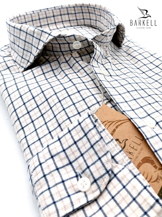 Camicia in Cotone Flanellato Quadro Blu e Nocciola Fondo Grigio Chiaro Collo Francese Cutaway