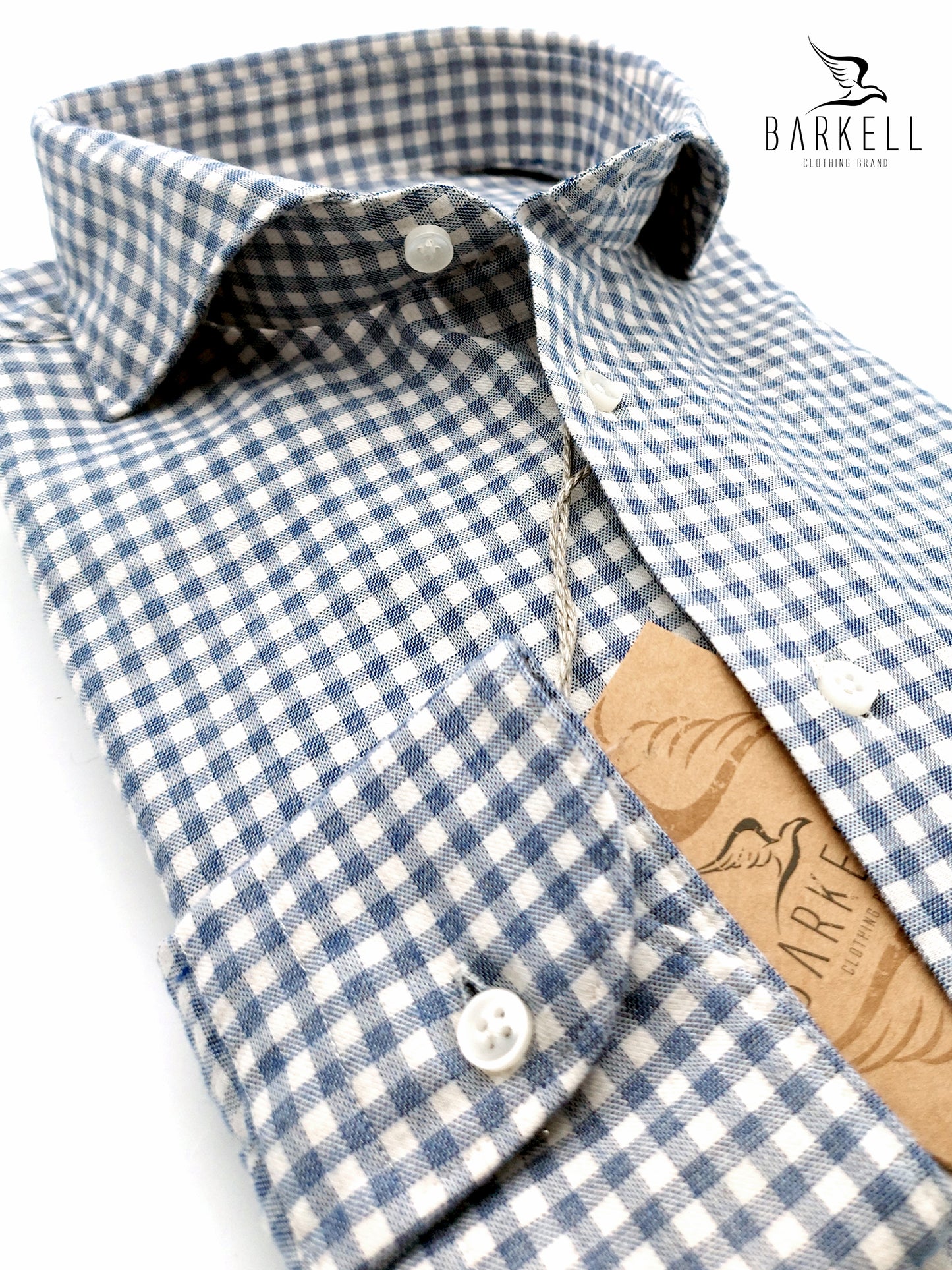 Camicia in Cotone Flanellato Quadretto Blu Avio Fondo Bianco Collo Francese Cutaway