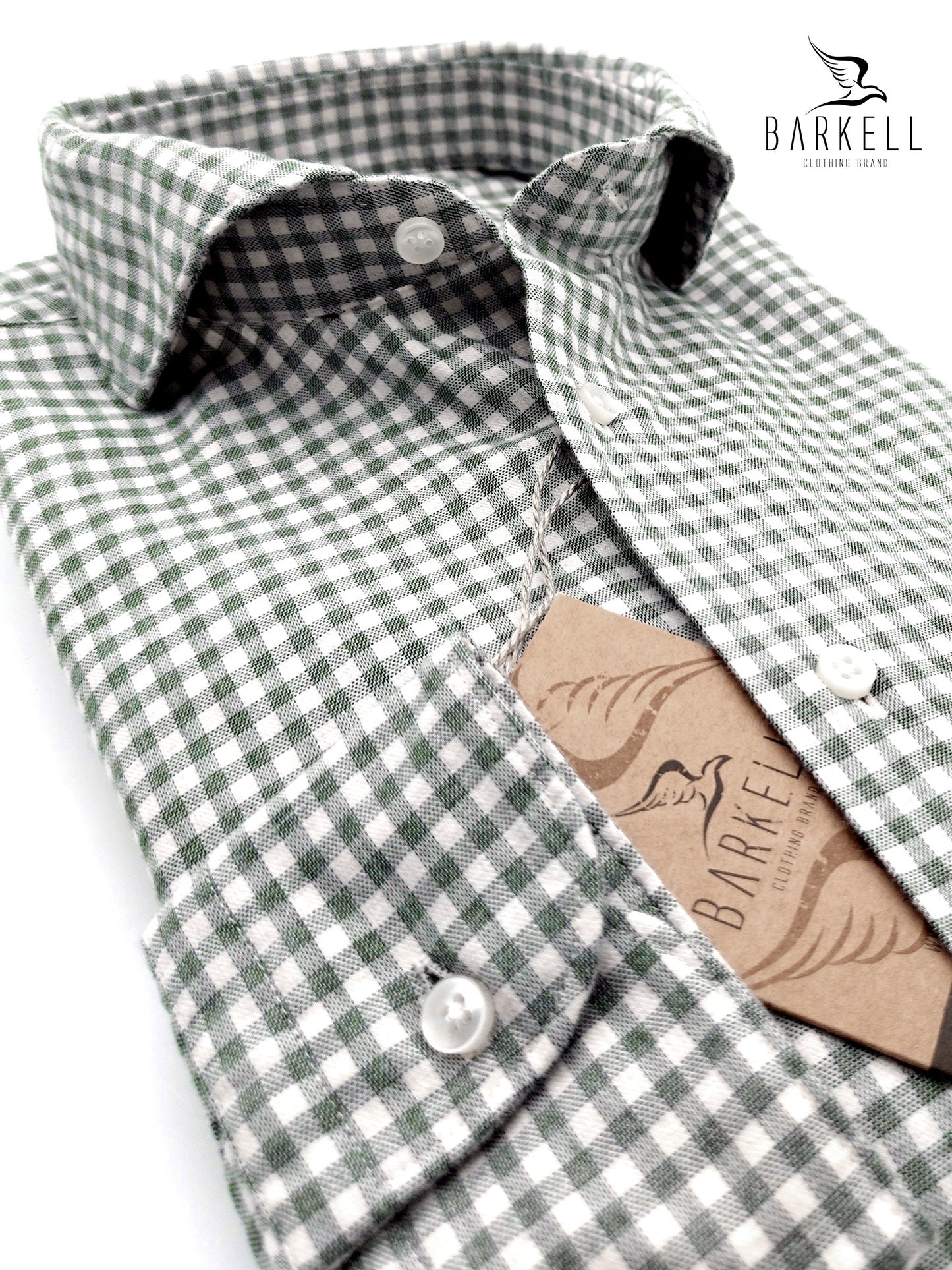 Camicia in Cotone Flanellato Quadretto Verde Fondo Avorio Collo Francese Cutaway
