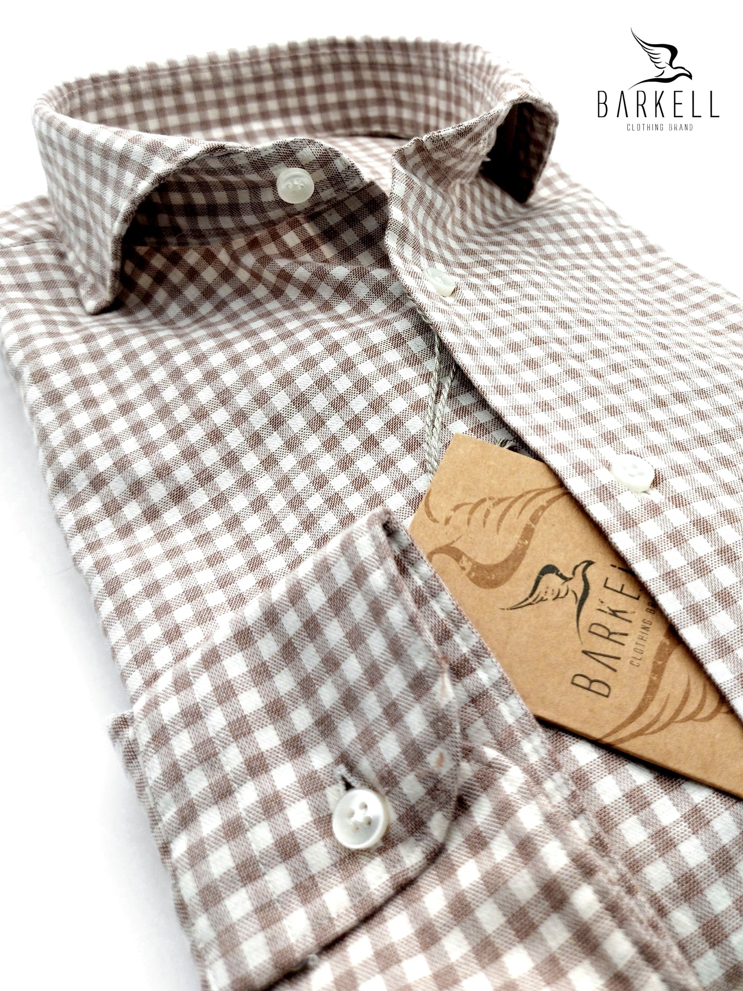 Camicia in Cotone Flanellato Quadretto Nocciola Fondo Avorio Collo Francese Cutaway