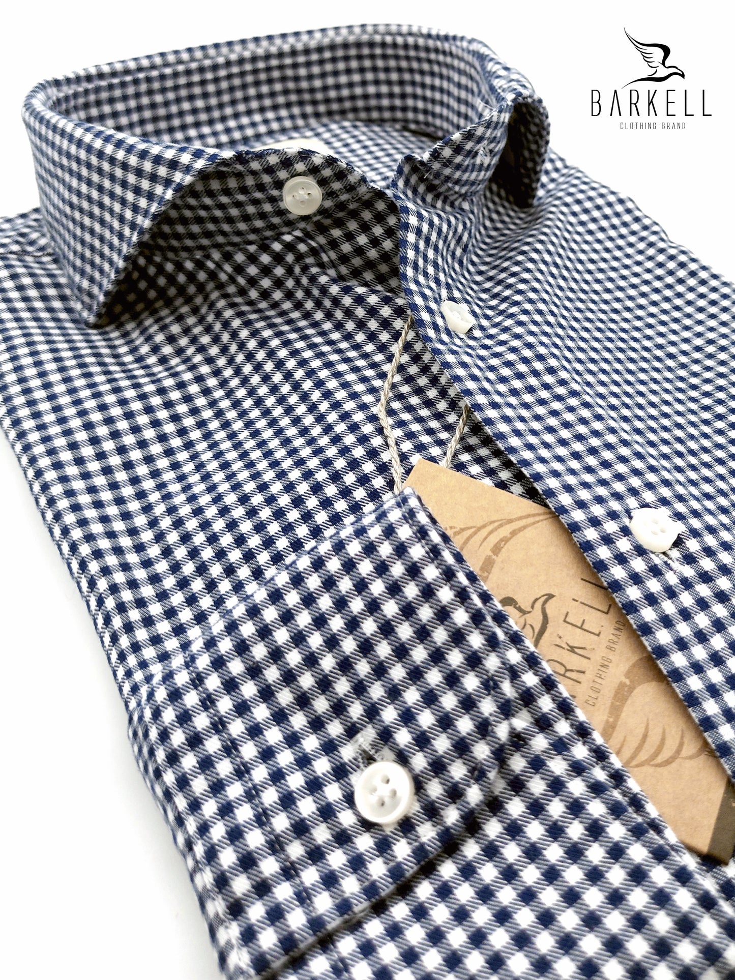 Camicia in Cotone Flanellato Quadretto Blu Fondo Bianco Collo Francese Cutaway