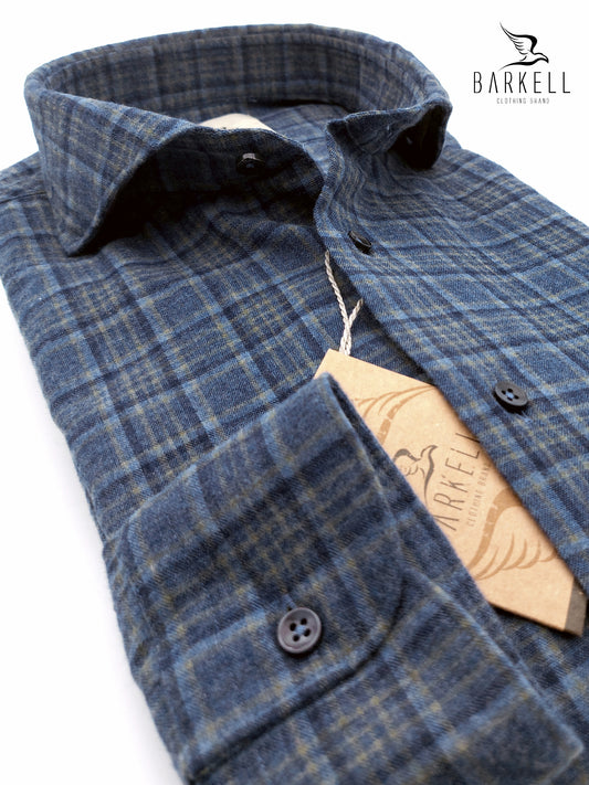 Camicia in Cotone Flanellato Quadro Blu e Fango Fondo Indaco Collo Francese Cutaway