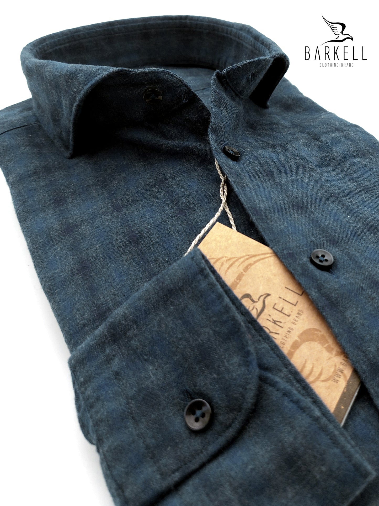 Camicia in Cotone Flanellato Quadro Ottanio Fondo Blu Collo Francese Cutaway