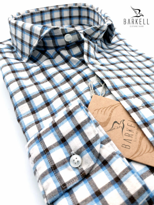Camicia in Cotone Flanellato Quadro Marrone e Celeste Fondo Bianco Collo Francese Cutaway
