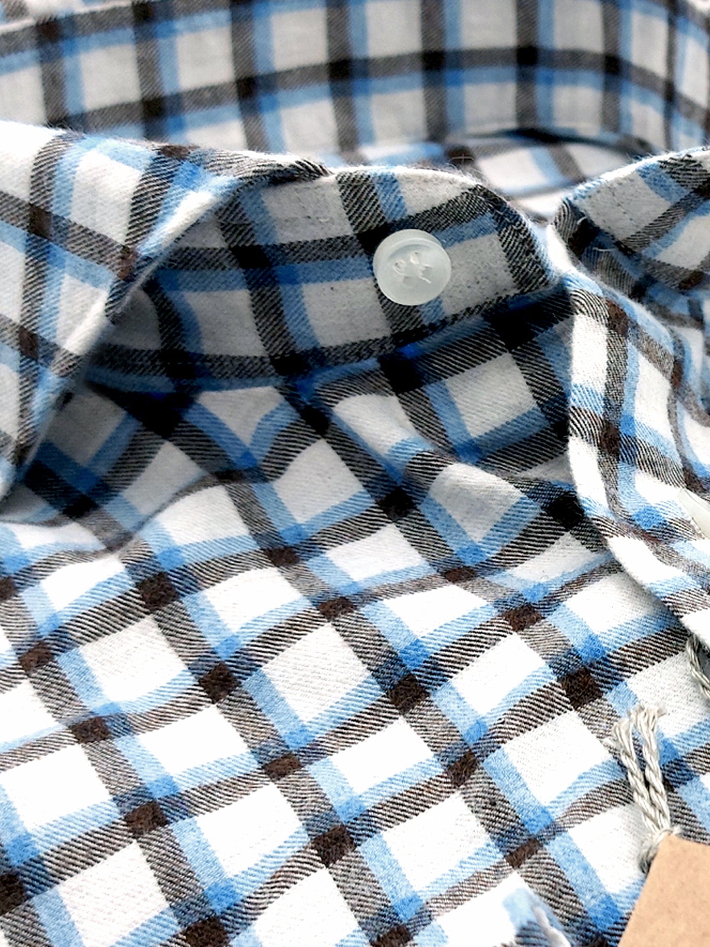 Camicia in Cotone Flanellato Quadro Marrone e Celeste Fondo Bianco Collo Francese Cutaway