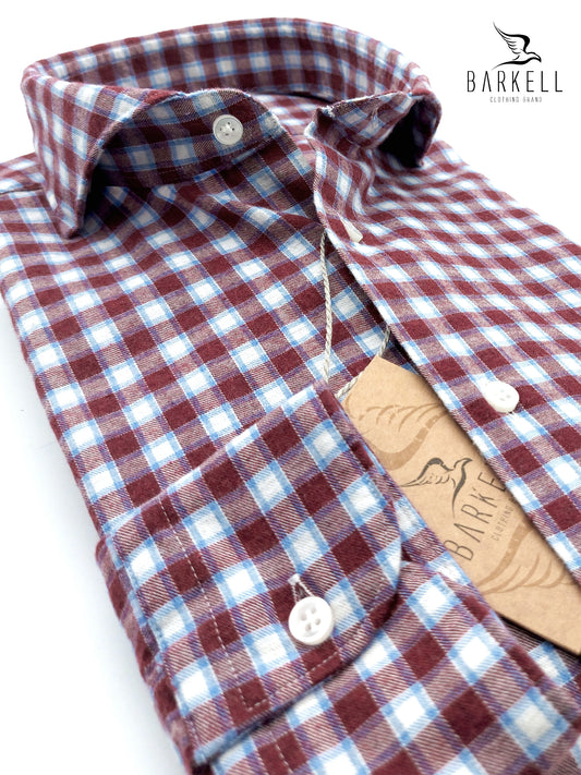 Camicia in Cotone Flanellato Quadro Bordò e Celeste Fondo Bianco Collo Francese Cutaway