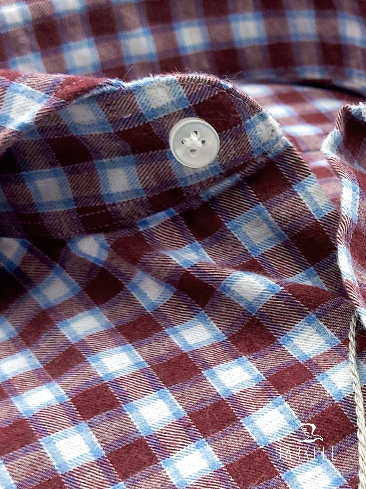 Camicia in Cotone Flanellato Quadro Bordò e Celeste Fondo Bianco Collo Francese Cutaway