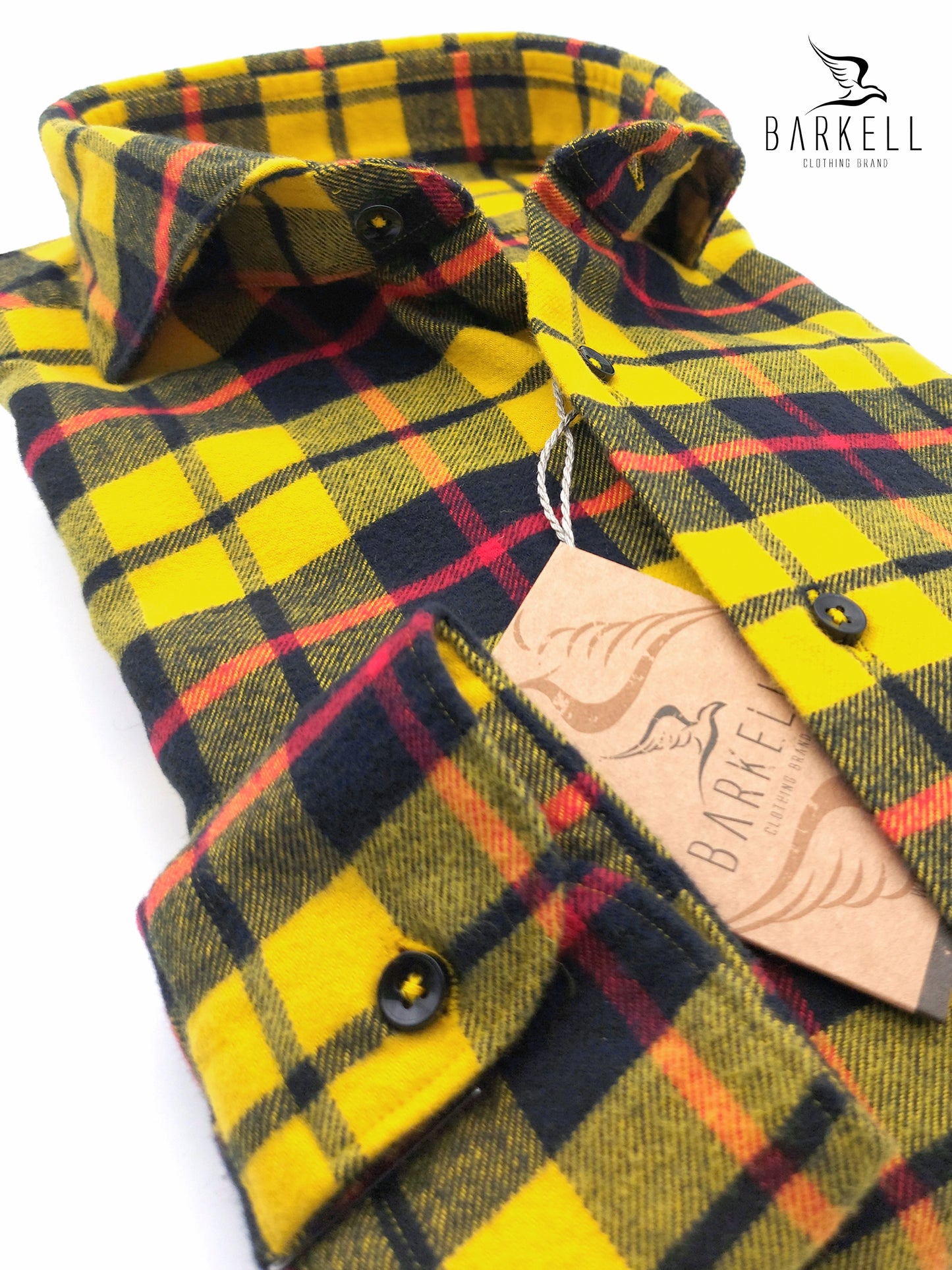 Camicia in Cotone Flanellato Pesante Quadro Blu e Rosso Fondo Mostarda Collo Francese Cutaway