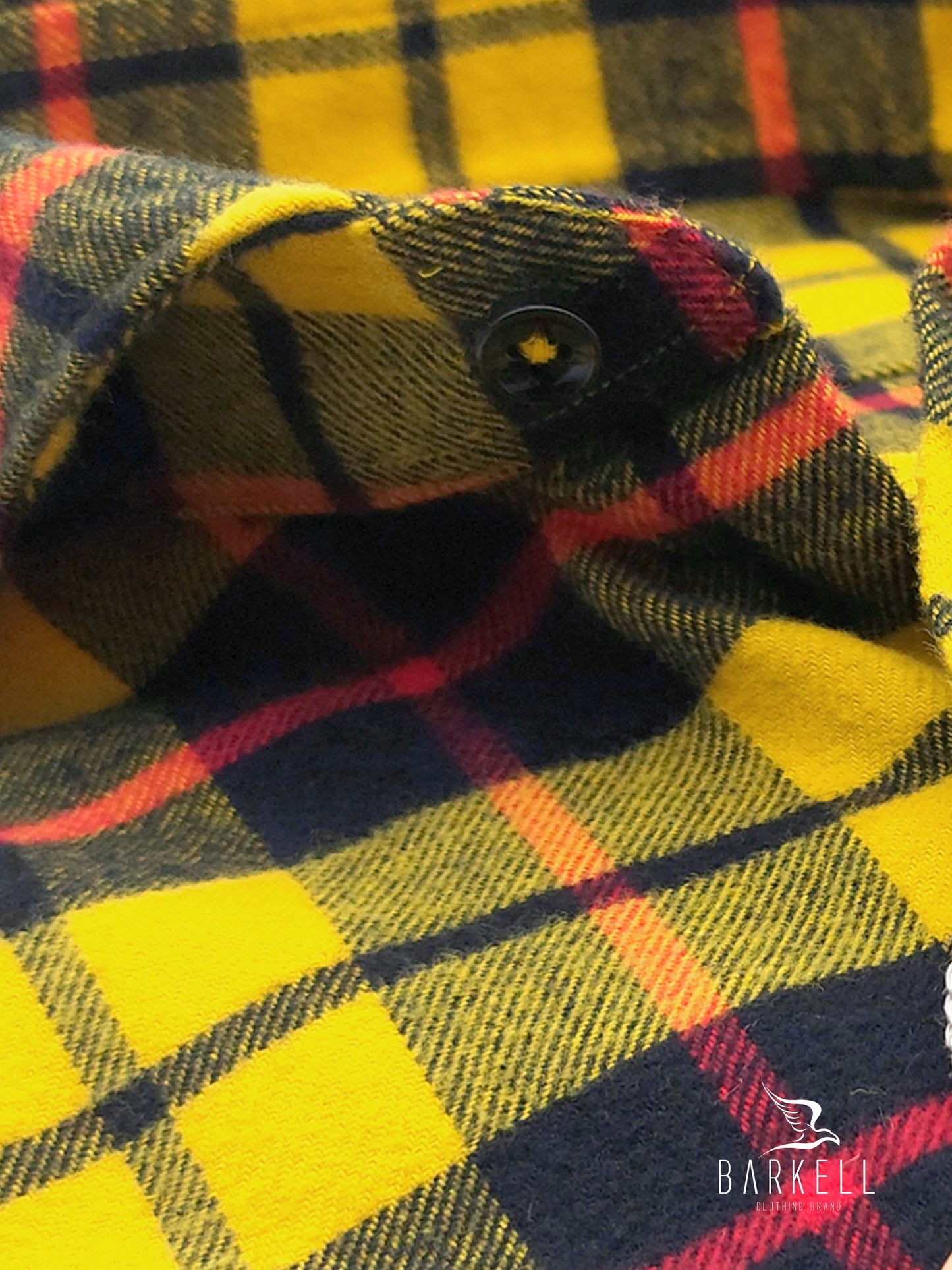 Camicia in Cotone Flanellato Pesante Quadro Blu e Rosso Fondo Mostarda Collo Francese Cutaway