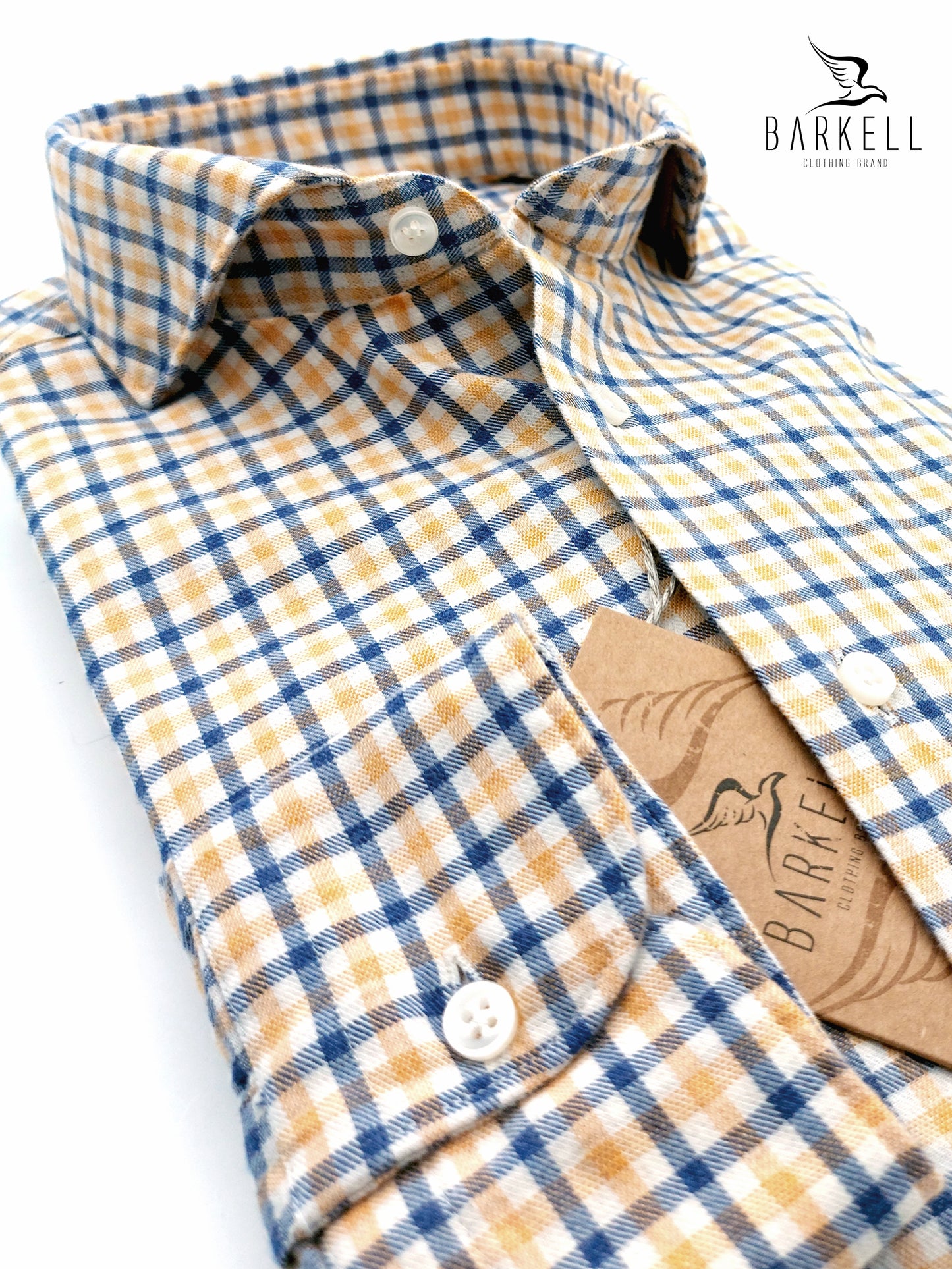 Camicia in Cotone Flanellato Quadro Giallo e Blu Fondo Bianco Collo Francese Cutaway