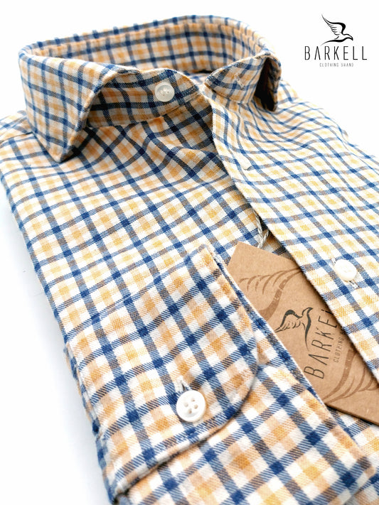 Camicia in Cotone Flanellato Quadro Giallo e Blu Fondo Bianco Collo Francese Cutaway