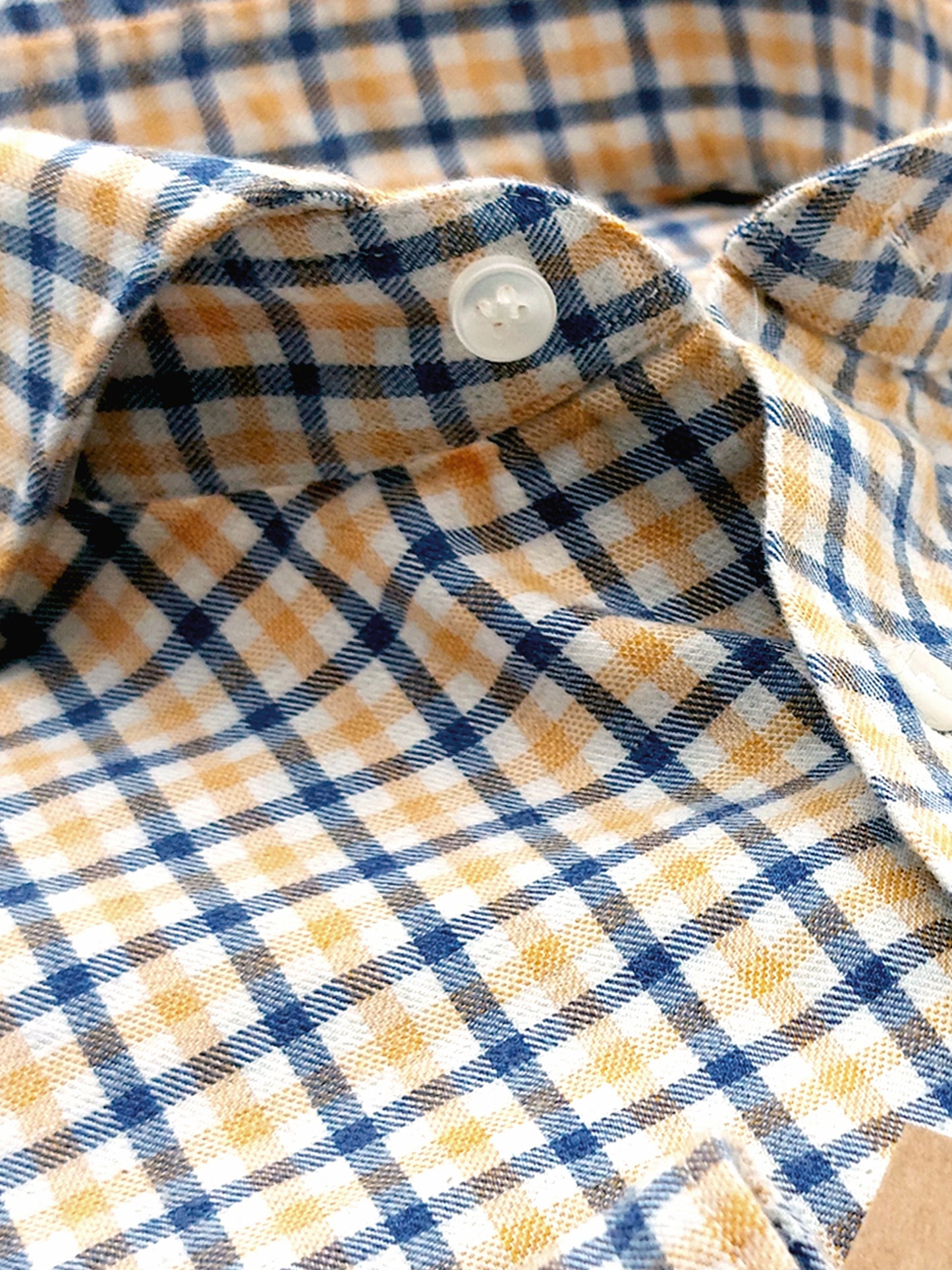Camicia in Cotone Flanellato Quadro Giallo e Blu Fondo Bianco Collo Francese Cutaway