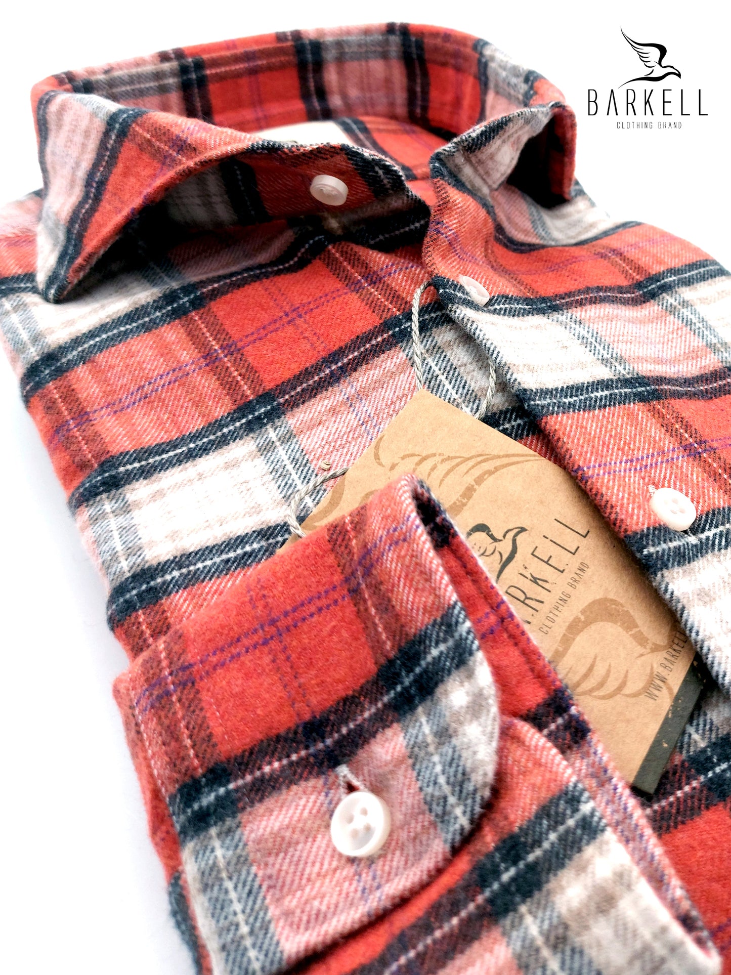 Camicia in Cotone Flanellato Pesante Quadro Blu e Bianco Fondo Corallo Collo Francese Cutaway