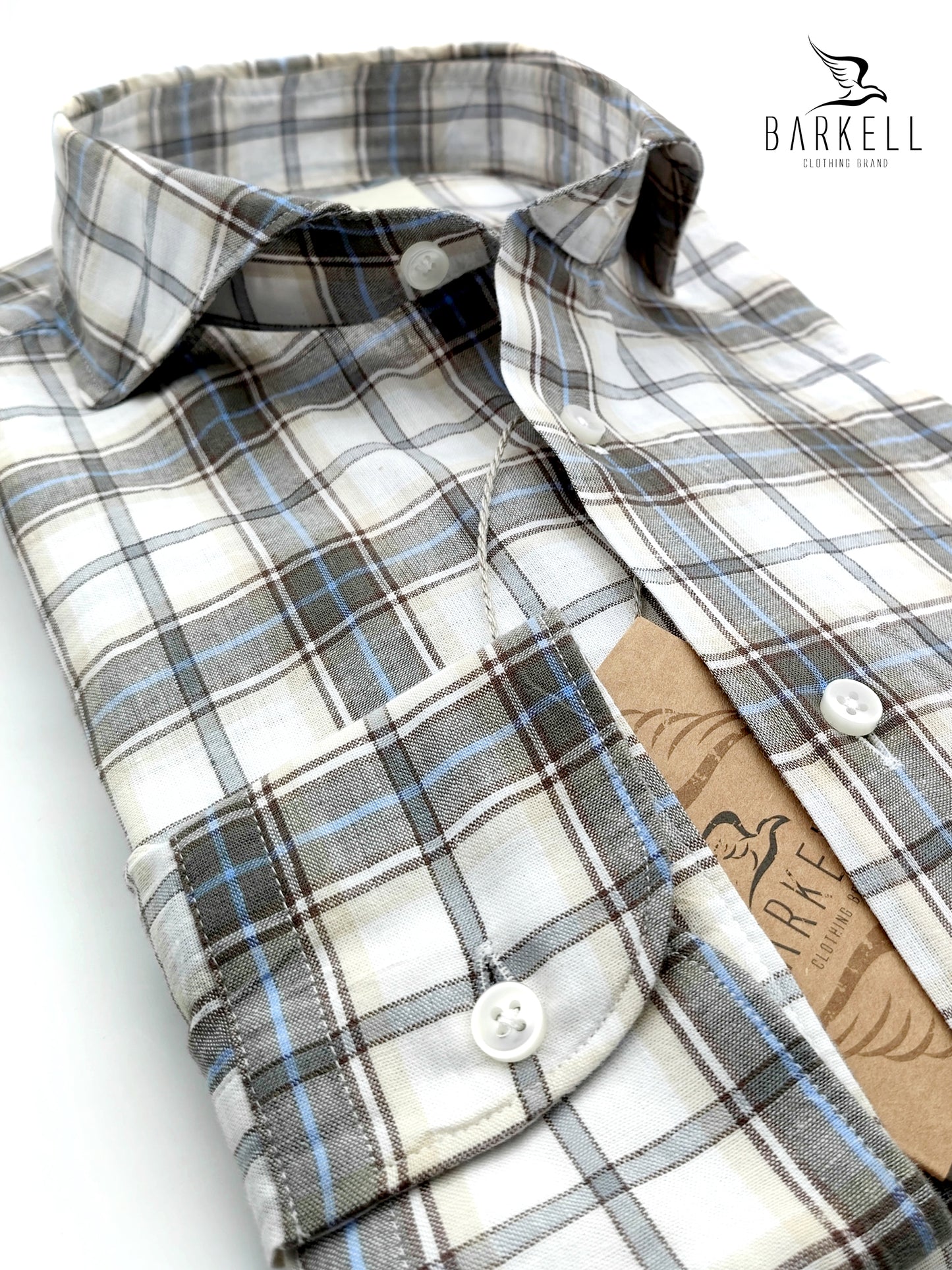 Camisa mezcla de lino de cuadros multicolor con fondo blanco, cuello italiano