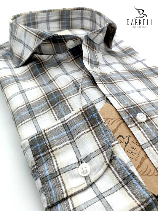 Camicia in Misto Lino Quadro Multicolore Fondo Bianco Collo Francese Cutaway