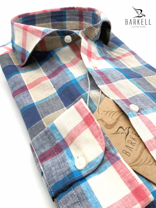 Camicia in Misto Lino Quadro Multicolore Collo Francese Cutaway