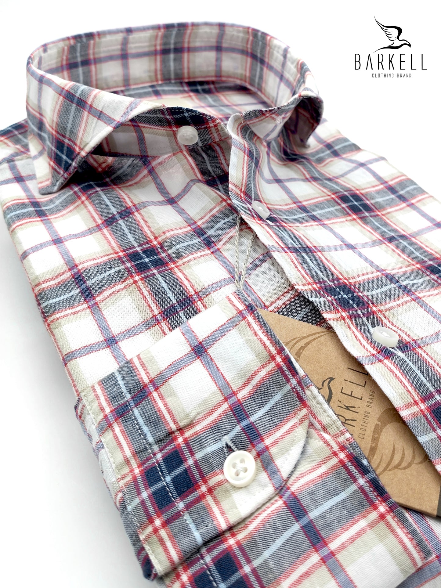 Camisa mezcla de lino de cuadros multicolor con fondo blanco, cuello italiano