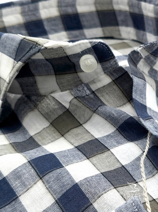 Camicia in Misto Lino Quadro Verde e Blu Fondo Bianco Collo Francese Cutaway