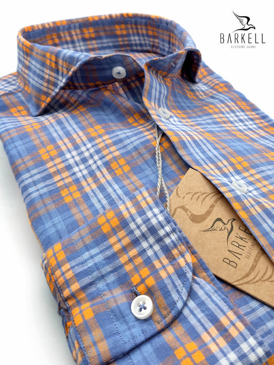 Camicia in Misto Lino Quadro Multicolore Fondo Azzurro Collo Francese Cutaway