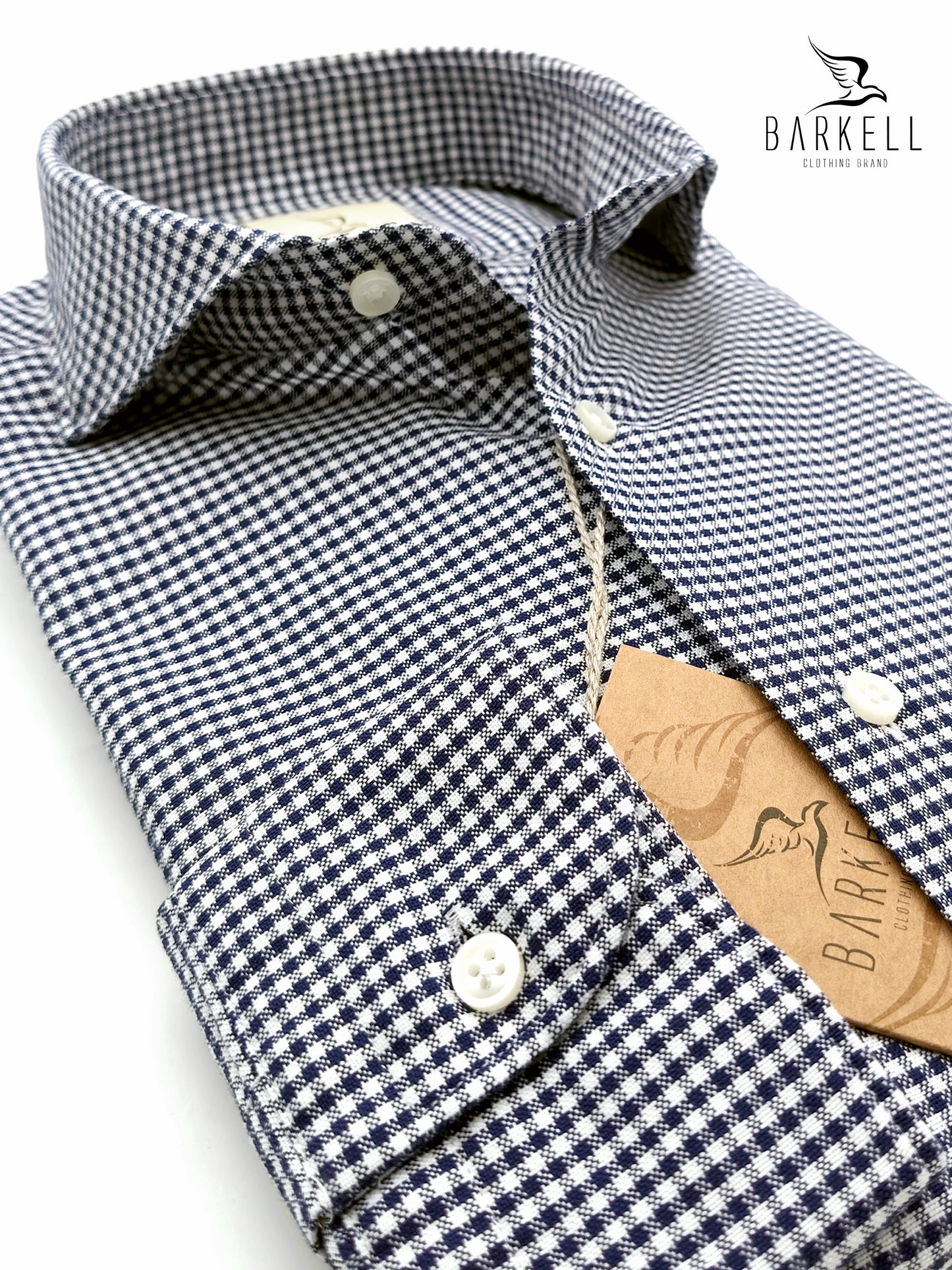 Camicia in Cotone Quadrettino Blu e Bianco Collo Francese Cutaway