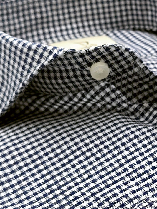 Hazelnut and light blue checked cotton shirt with cutaway spread collar
