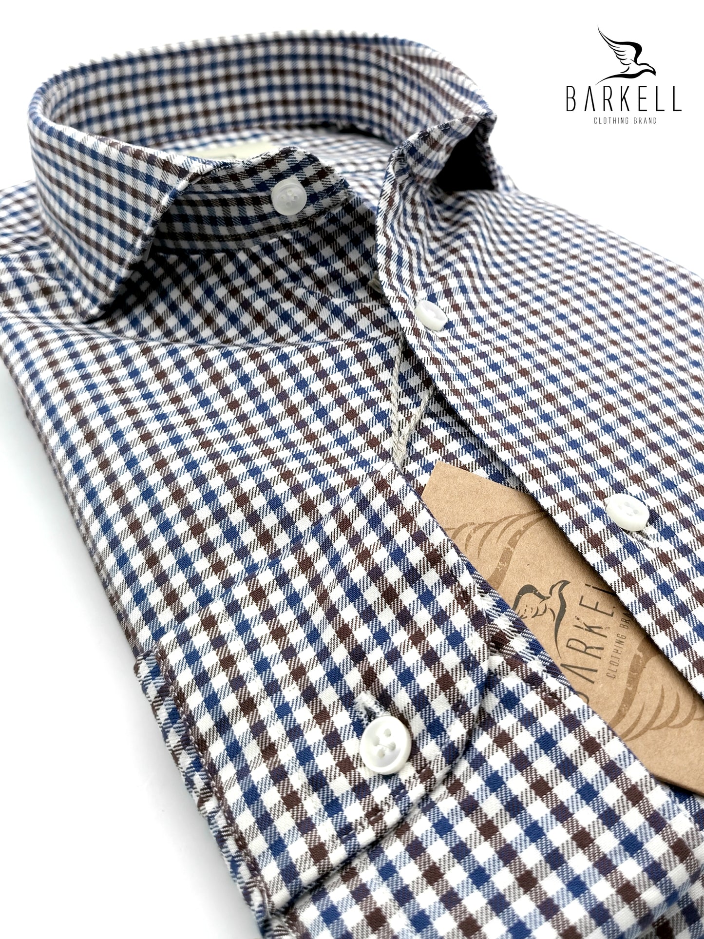 Camicia in Cotone Quadrettino Blu e Marrone Collo Francese Cutaway