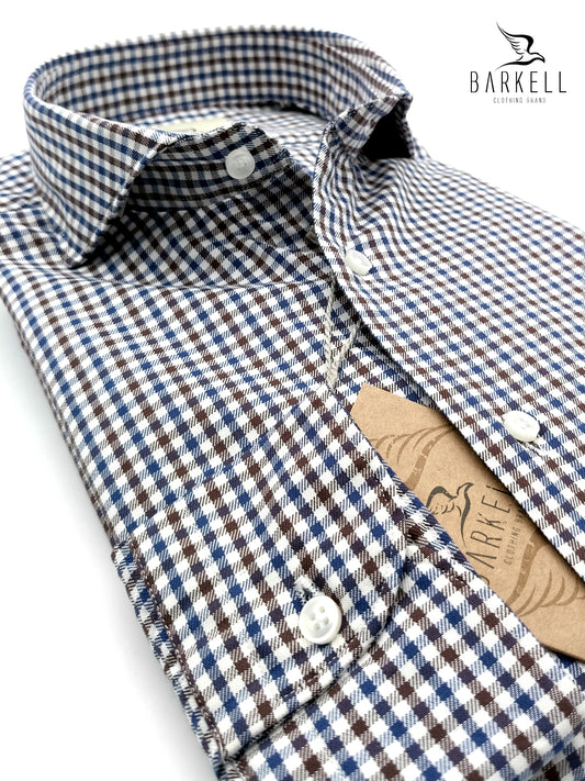 Camicia in Cotone Quadrettino Blu e Marrone Collo Francese Cutaway