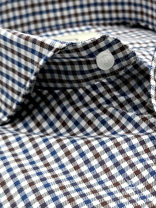 Hazelnut and light blue checked cotton shirt with cutaway spread collar