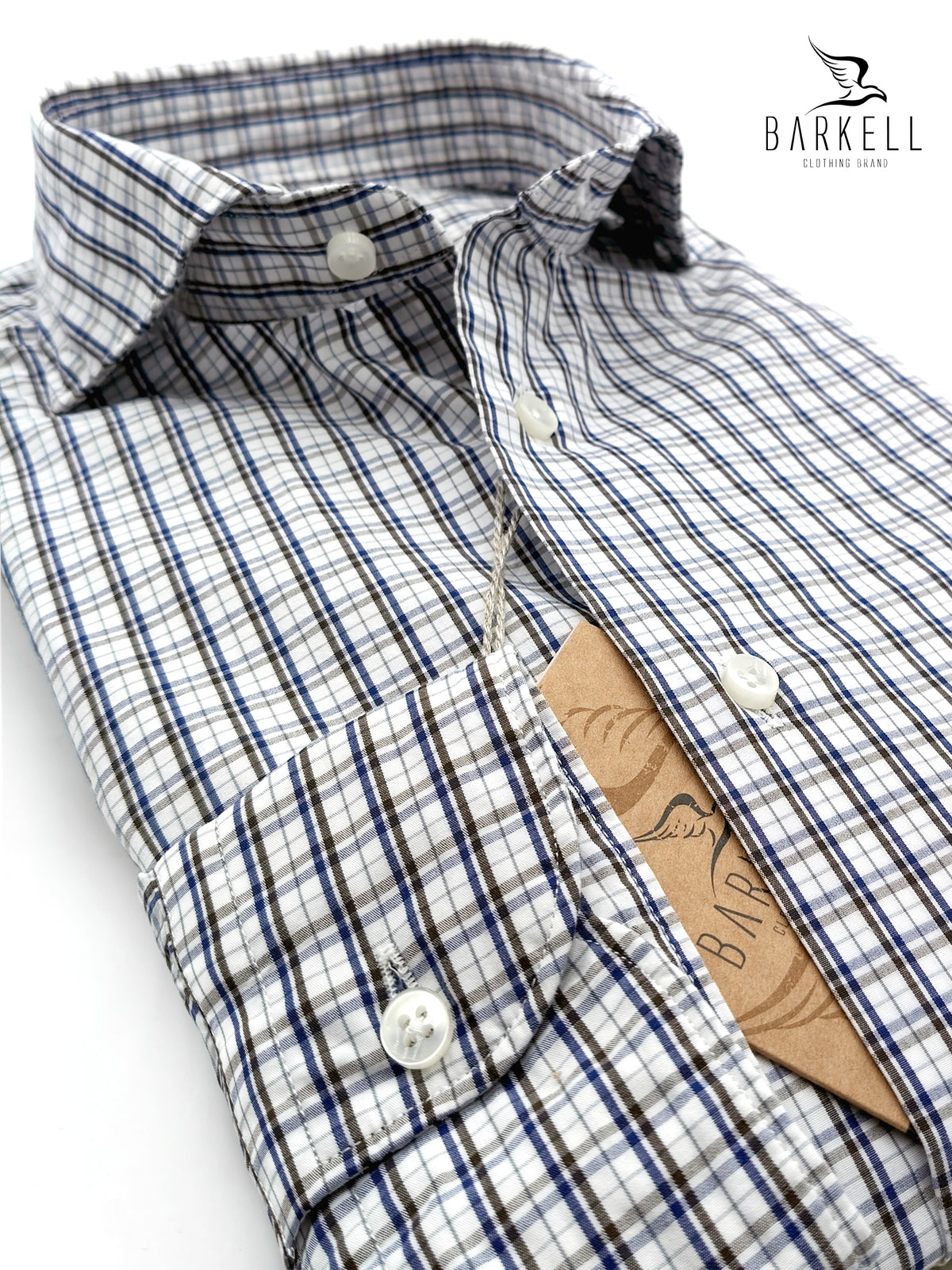 Brown and White Checkered Cotton Shirt with Cutaway Spread Collar
