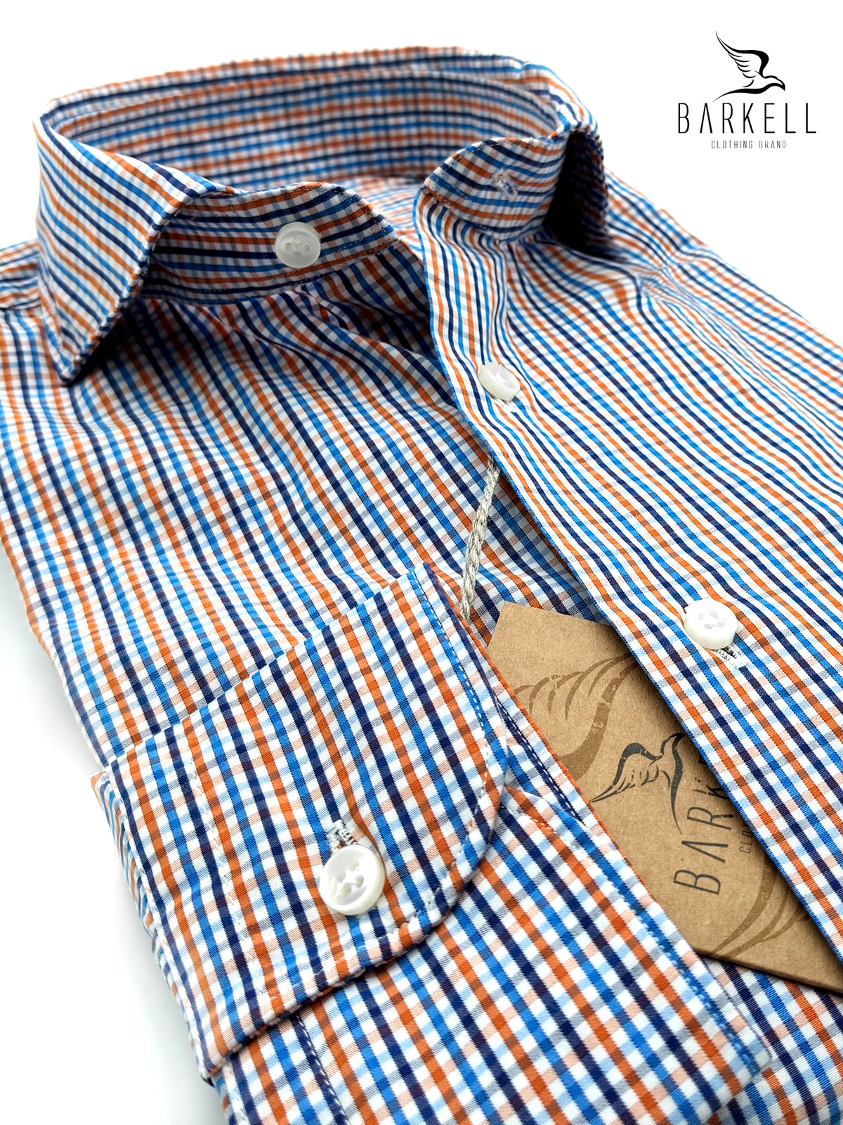 Brown and White Checkered Cotton Shirt with Cutaway Spread Collar